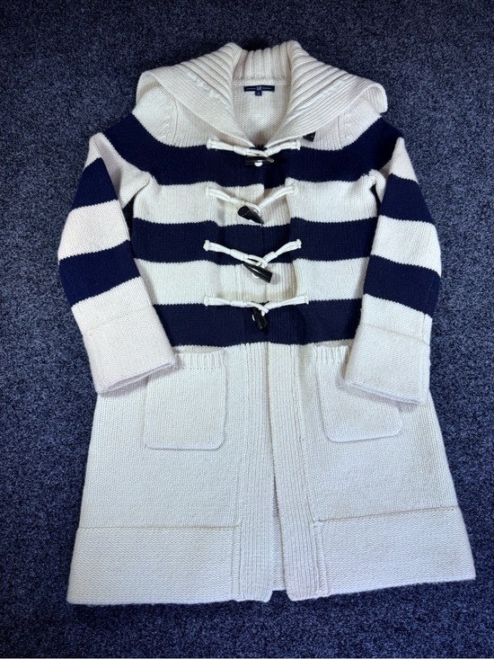 GAP Jackets & Blazers - GAP women’s white/blue striped 100% lambs wool toggle cardigan